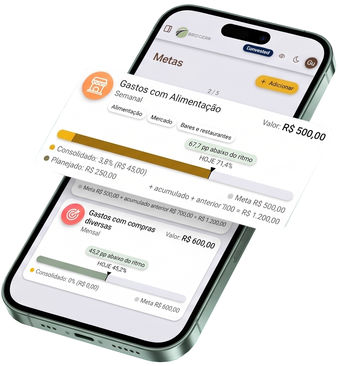 Metas da Bridgerr no celular com ritmo da meta e cards flutuantes